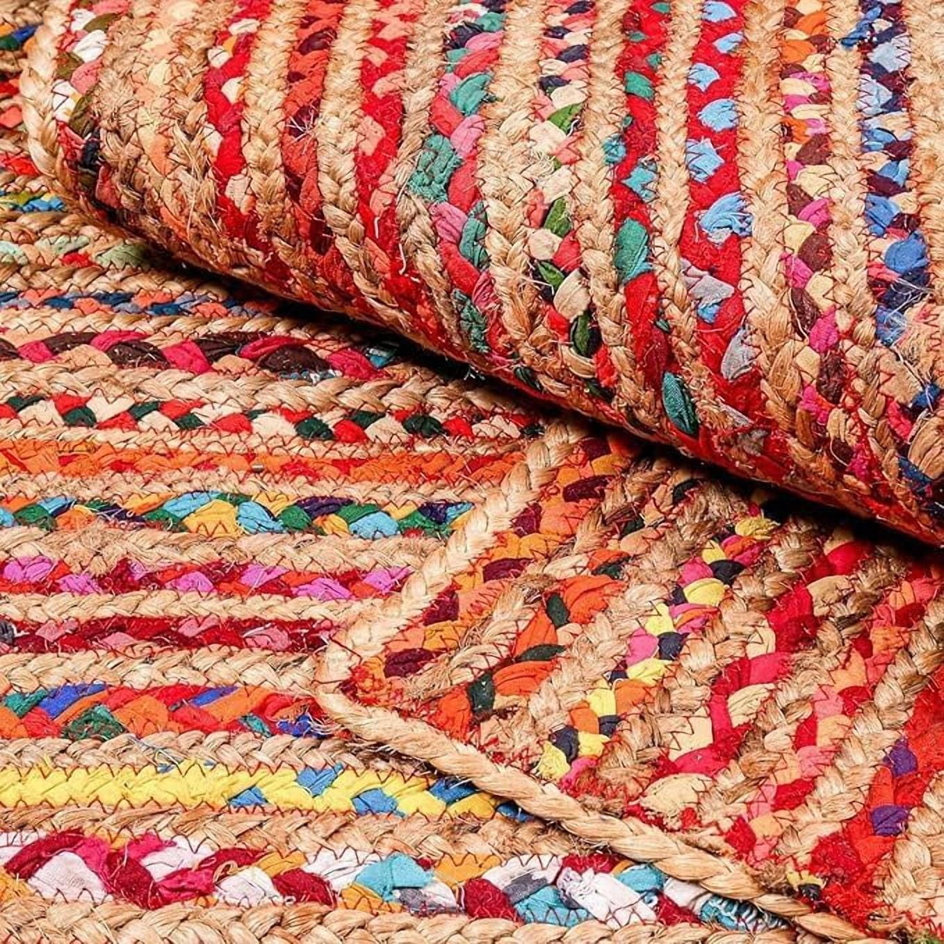 Indian Handmade Braided Natural Jute with Multi Cotton Area Rug 4 x 6 Feet Oval (122 cm x 183 cm), Floor Decor Rugs/Carpet