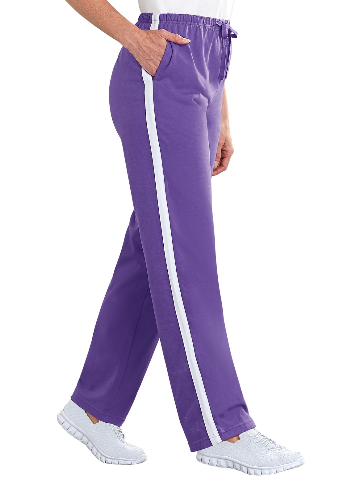 purple and white striped pants