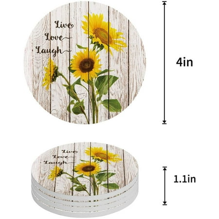 

ZHANZZK Sunflowers Live Love Laugh Set of 4 Round Coaster for Drinks Absorbent Ceramic Stone Coasters Cup Mat with Cork Base for Home Kitchen Room Coffee Table Bar Decor