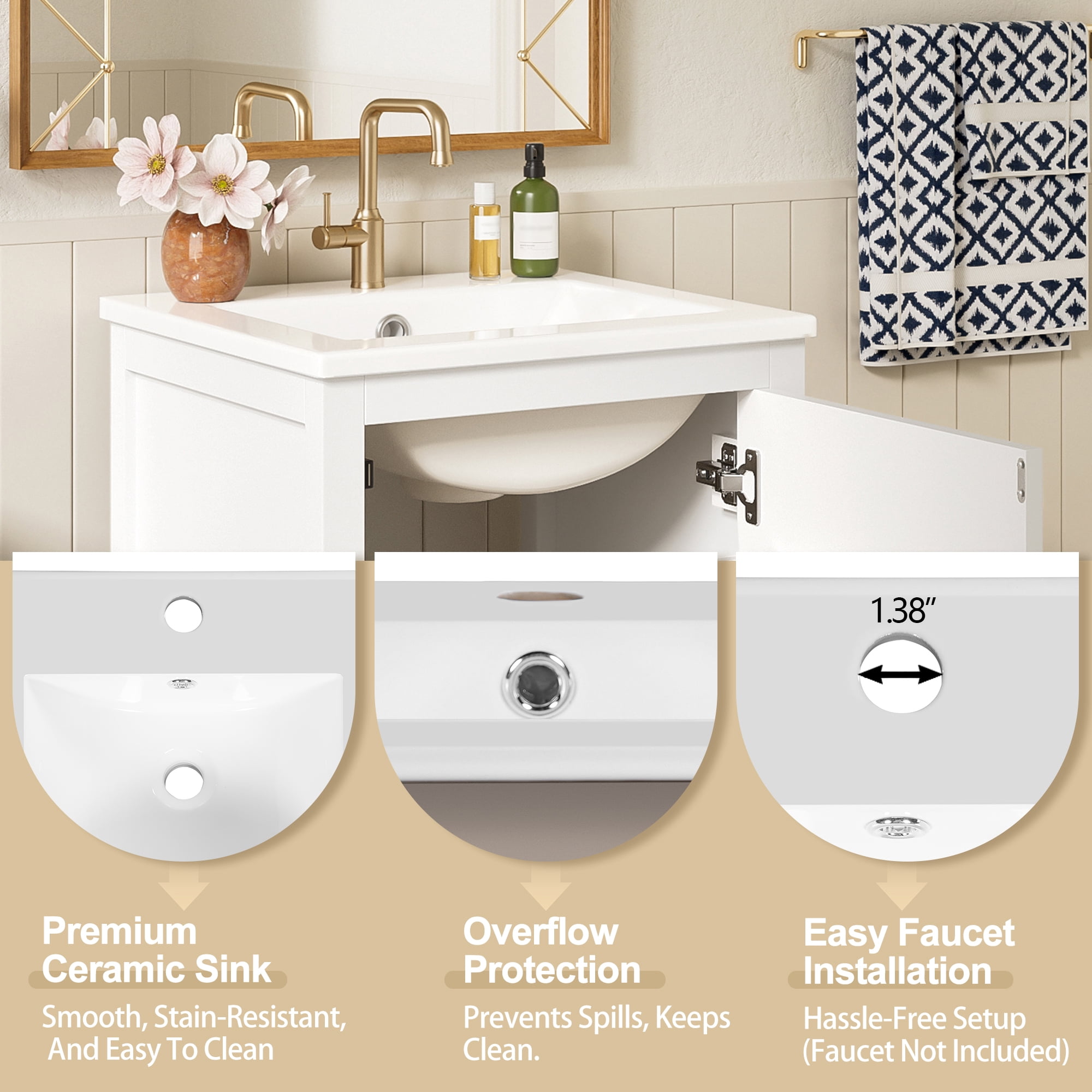 18" Sturdy Wood Small Bathroom Storage Cabinet, Bathroom Organizer Cabinet with Soft Close, Compact Vanity Unit for Small Spaces with Ceramic Sink for Bathroom, White