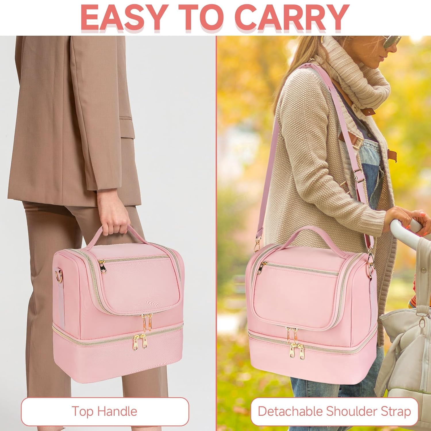 Wearable Breast Pump Bag with Cooler Compartment Fits for Willow/Elvie/Momcozy M5/S12 Pro/Medela, Breast Milk Travel Tote Bag with Ice Pack & Waterproof Mat,Pink