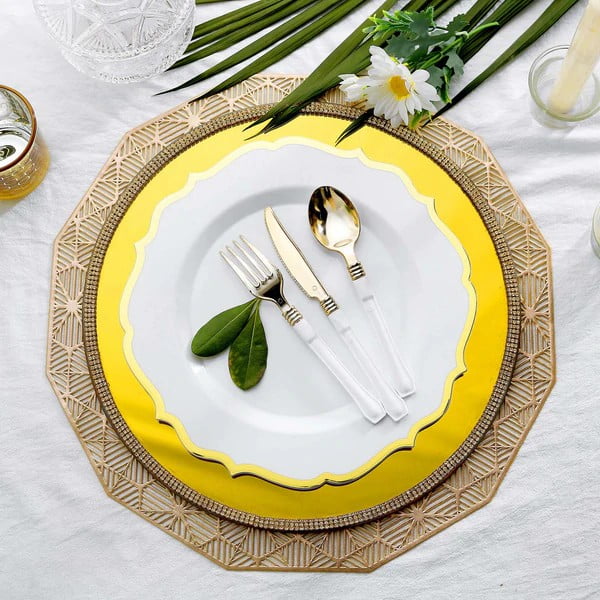 BalsaCircle 10 White 10.5" Round Plastic Dinner Plates Gold Scalloped ...