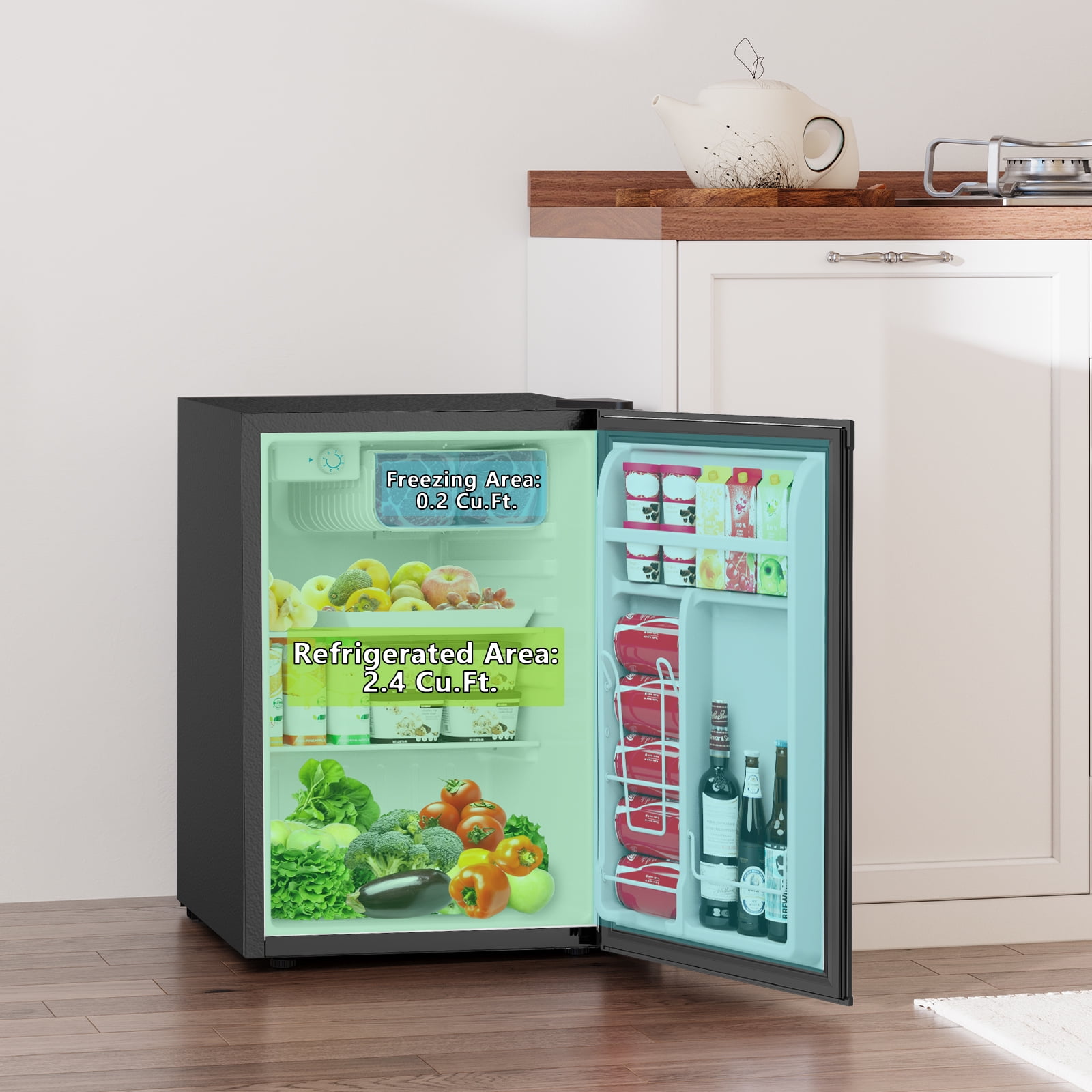 KNDKO 2.6 Cu.ft Mini Fridge with Freezer, Energy Efficient Compact Refrigerator with Reversible Single Door, Removable Glass Shelves for Office, Dorm, Bedroom, Apartment, Black