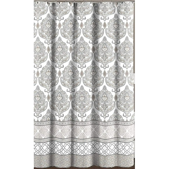 Grey Taupe White Fabric Shower Curtain: Floral Damask with Geometric Border Design