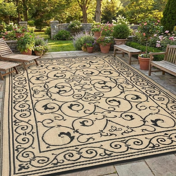 9x12 Ft Indoor Outdoor Patio Rug Stain Resistant Foldable Vintage Medallion Floral Black and Beige