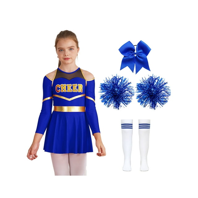 LiiYii Costume de Cheerleader pour Filles Manches Longues Robe de Cheerleading Pompon Stock Attache Cheveux Performance Danse B Bleu 10