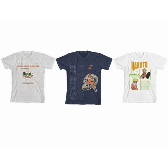 Naruto Ramen & Action Pose Boy's 3-Pack Crew Neck Short Sleeve T-shirt Set-Large (10/12)