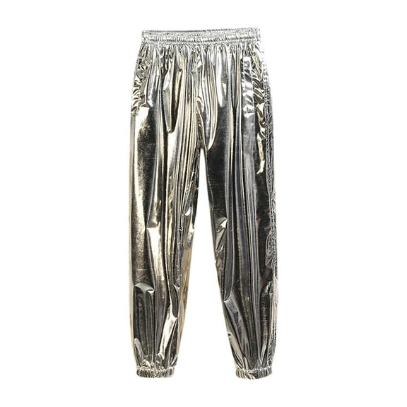 CHEEREAM Mens Metallic Disco Pants 70s/80s Sequin Pants Elastic Waist Party Club Pants Rave Shiny Jogger Silver L