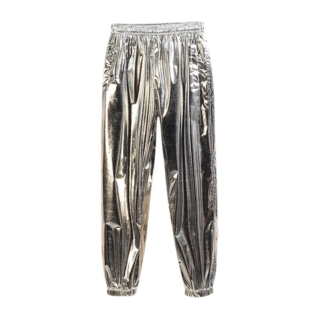 Lovzfmll Men's Metallic Performance Pants, Solid Color, Roomy Fit, Perfect for Stage, Dance, and Show Events Silver, 2XL