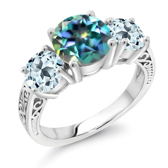 Gem Stone King 4.00 Ct Round Millennium Blue Mystic Topaz Sky Blue Topaz 925 Silver 3-Stone Ring (Size 5)