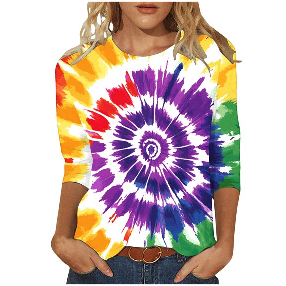 CYMMPU Loose Fit Round Neck Summer Trendy Shirts Spring Tops 3/4 Sleeve Blouses for Women Dressy Casual Tunic Tops Tie Dye Ombre T-Shirts M