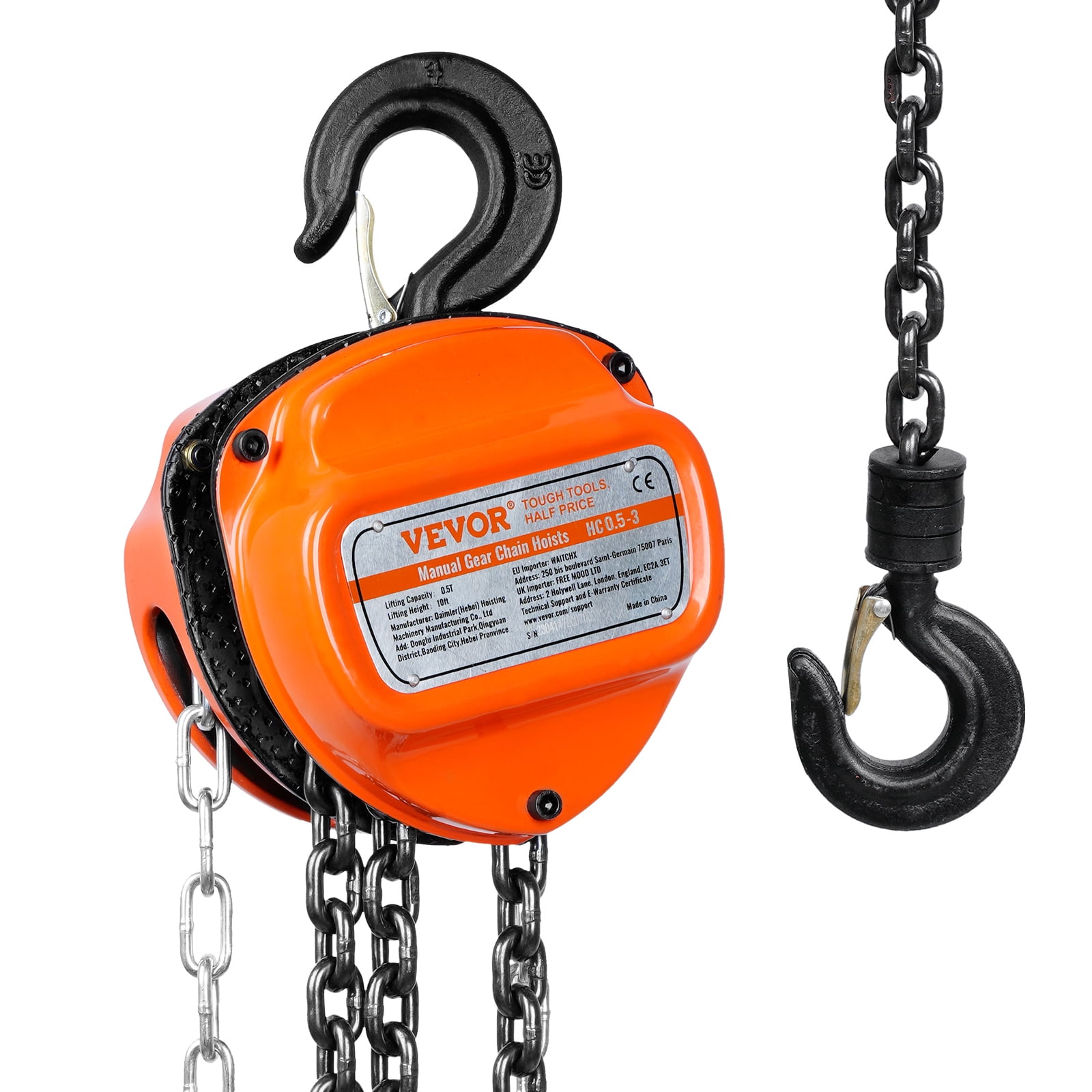 Palan à Chaîne Manuel 1/2 Tonne (500kg) - Capacité 10 Pieds - Acier Carbone Orange