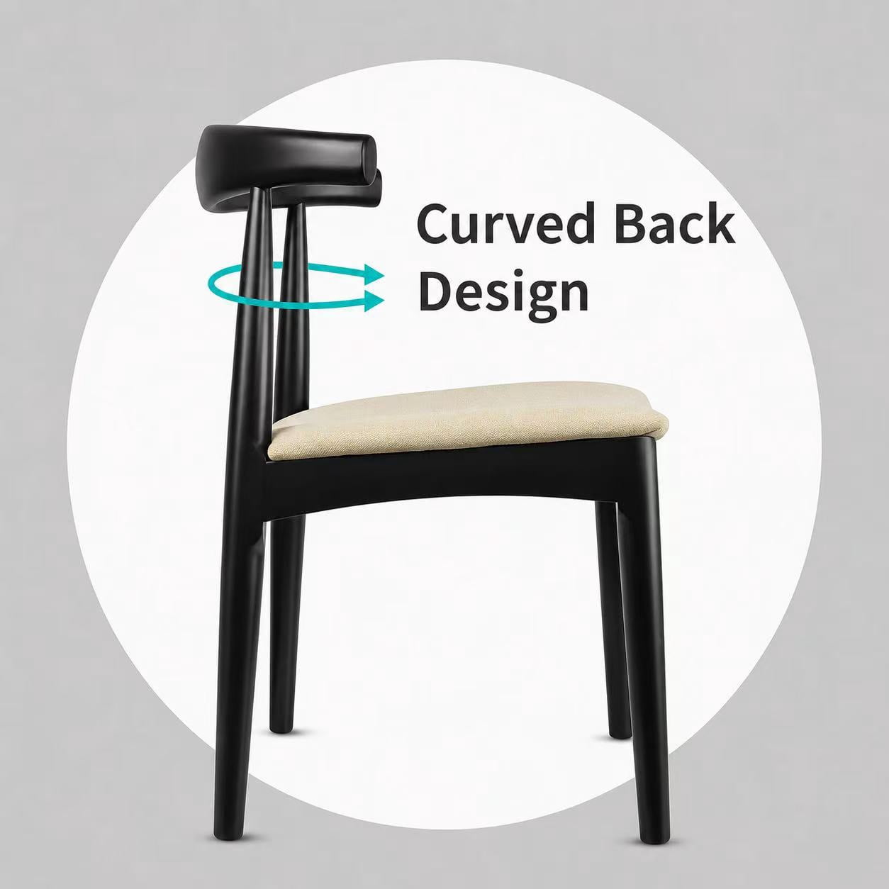2xhome Set of 2 Contemporary Farmhouse Real Solid Wood Cloth Cushion Seat Dining Chairs Elbow Side Chair (Black-Beige Seat)