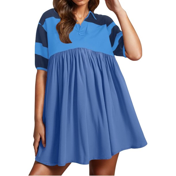 WILLBEST Vestido De Verano Para Mujer, Vestido De Verano Para Mujer, Vestido Informal De Gran Tamaño De Manga Corta Con Bloques De Color Y Cuello En V, Vestido Mini Camisero Fluido