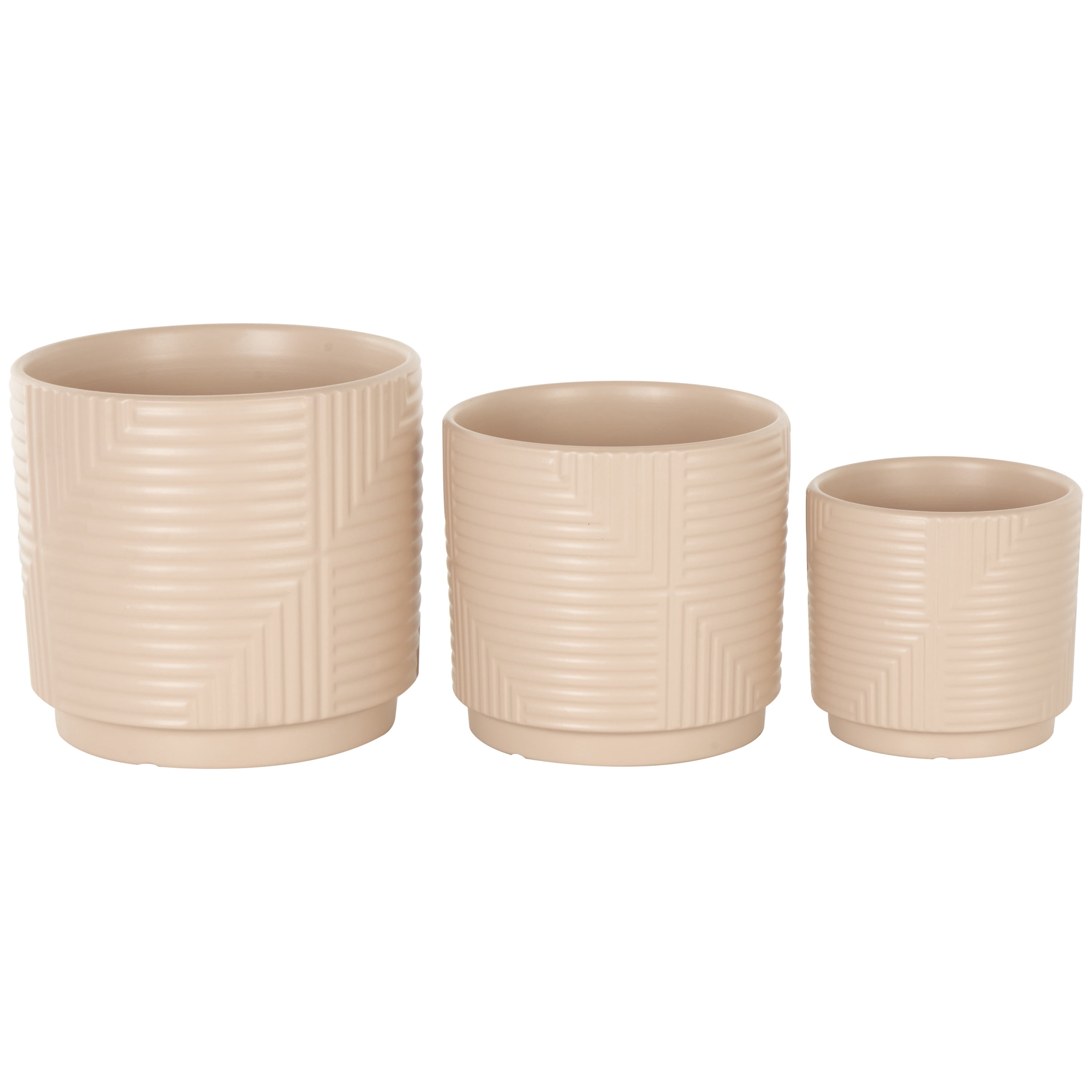 DecMode 7", 6", 5"W Pink Ceramic Geometric Planter with Layered Square Shaped Grooves (3 Count)