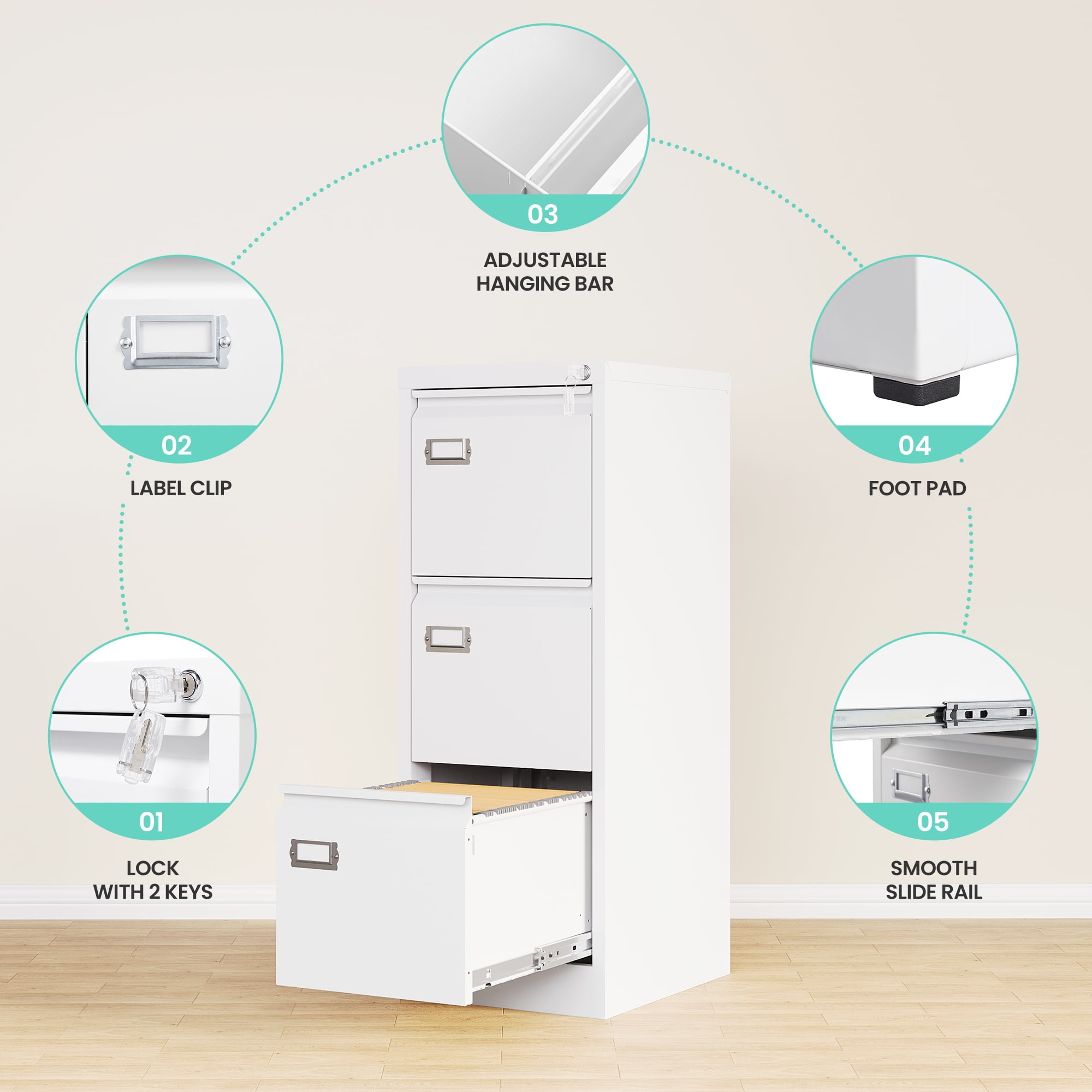STANI 3 Drawer White File Cabinet with Lock, Filing Cabinets for Home Office, Metal Locking Office File Storage Cabinets with Drawers, Vertical Small Filing Cabinet Organizer for Legal/A4