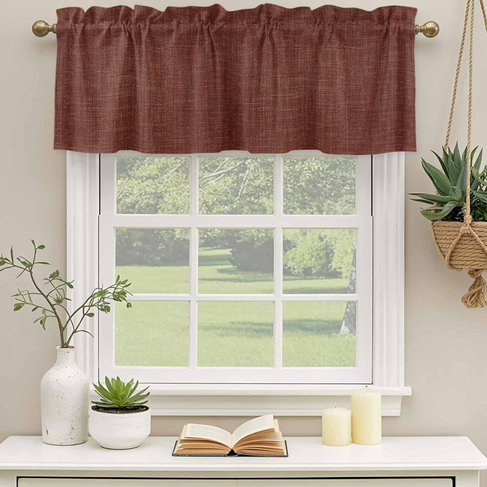 2 Panels Dark Brown Valance for Windows, Farmhouse Burlap Solid Brown Modern Linen Texture Light Filtering Kitchen Curtains, Rod Pocket Window Treatment Curtain Valances for Living Room, 42"x18"