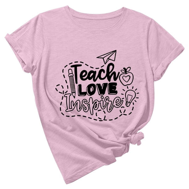 Camiseta de manga corta con estampado bonito para el día del maestro y cuello redondo suelto a la moda para mujer Pompotops hfajkhk138004