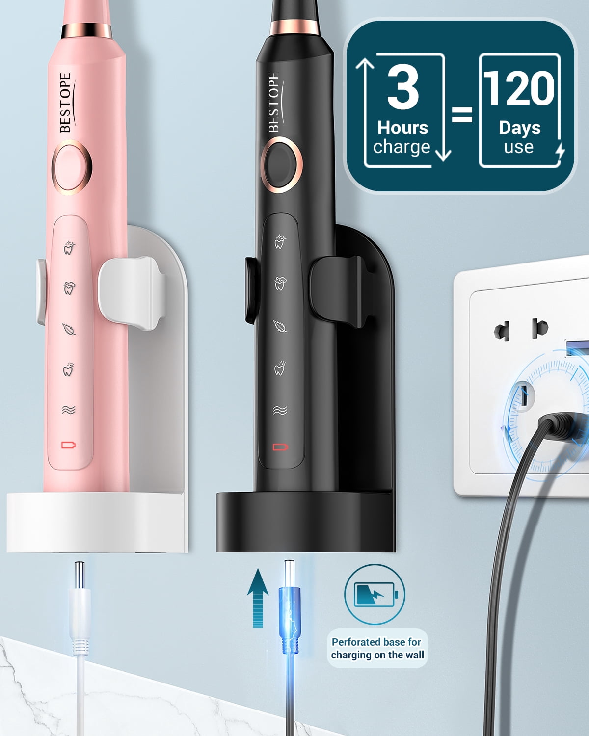 Bestope 2 Pack Electric Toothbrush for Adults - 2 Rechargeable Electric Toothbrushes with 12 Brush Heads & 2 Travel Case, Power Electric Toothbrush with Holder, 3 Hrs Charge for 120 Days - Black+Pink