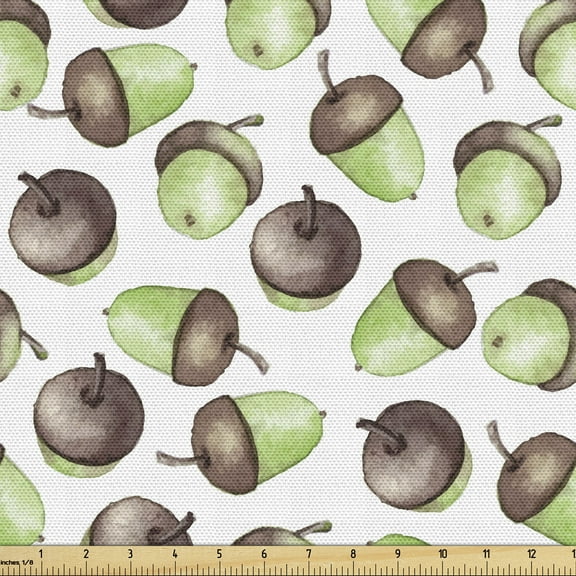 Acorn Fabric by the Yard, Watercolor Oak Pattern Bicolor Nature Elements Hand Drawn Vintage, Decorative Upholstery Fabric for Sofas and Home Accents, 10 Yards, Mint Green Brown White by Ambesonne