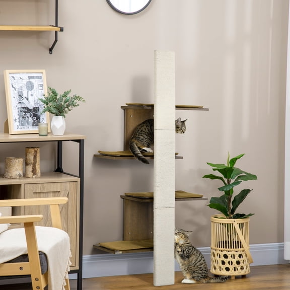 PawHut Wall-Mounted Cat Tree, 4-Layer Cat Wall Shelves Furniture with Scratching Board, Kitten Activity Center with Cushions, Natural