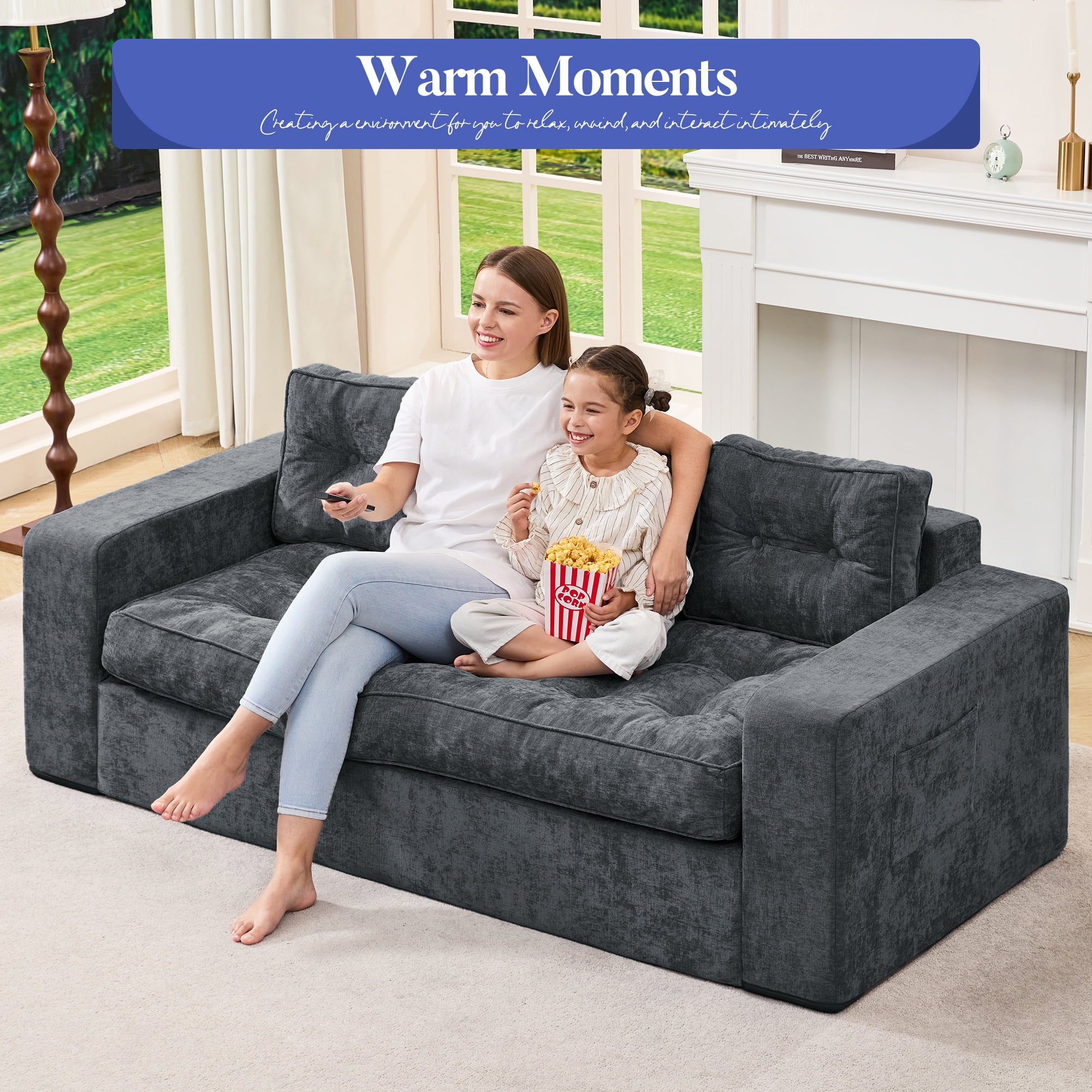 Hobestluk 3-Seater Sofa Boneless Couch with Tufted Button Design 2 in 1 Comfy Cloud Couch Oversized Sofa for Living Room Bedroom Apartment or Office (Blue Grey, 3 Seater)