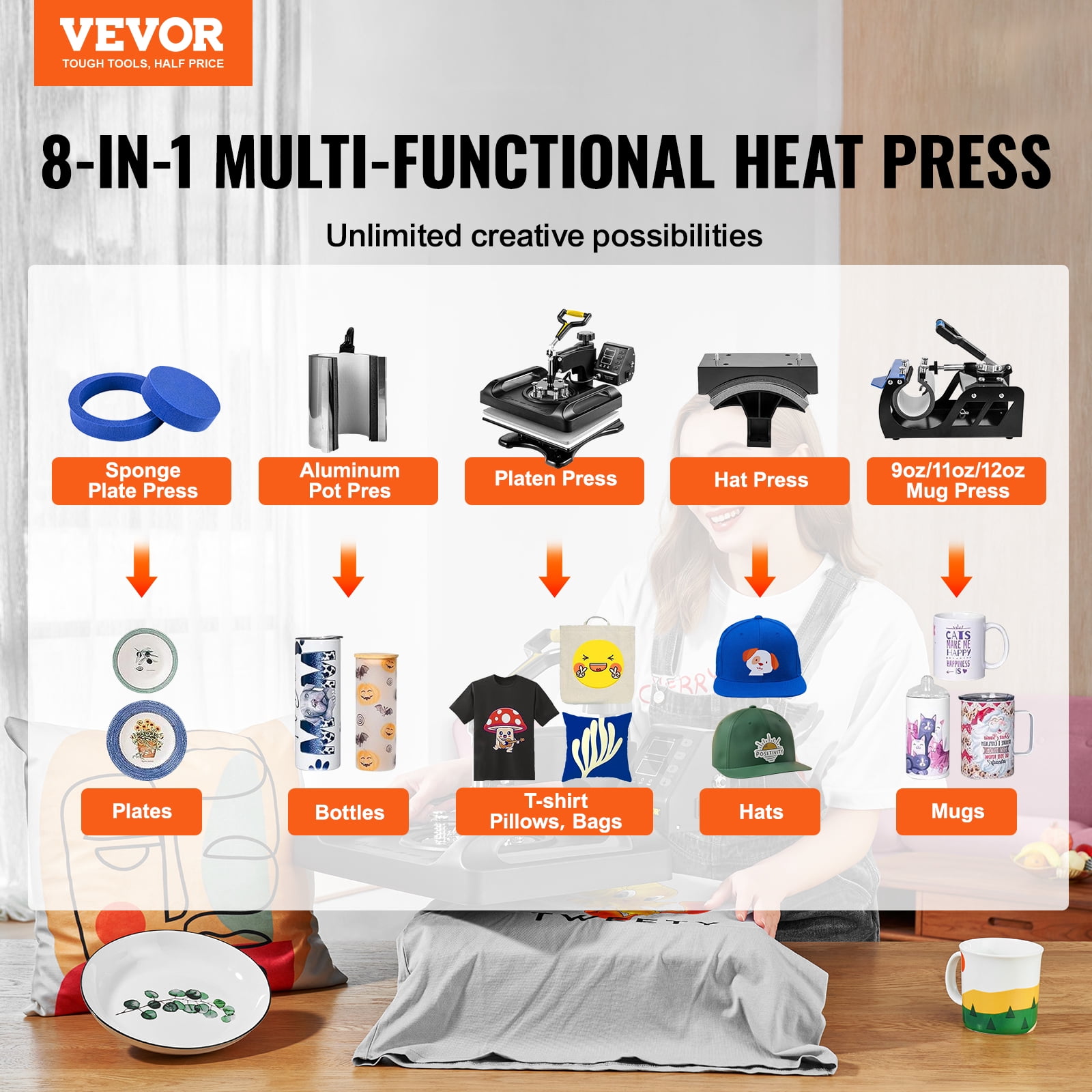 VEVOR Enhanced Heat Press Device, ETL Safety Certified, 12x15 inch, 8-in-1 Energy Efficient Combo, Versatile Sublimation with 360° Swivel
