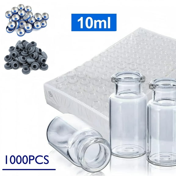 1000 Pack 10ml Glass Vials Clear Glass Headspace Vials with Plastic-Aluminum Flip Off Caps and Rubber Stoppers 20mm Transparent Flat Bottom Lab Vial