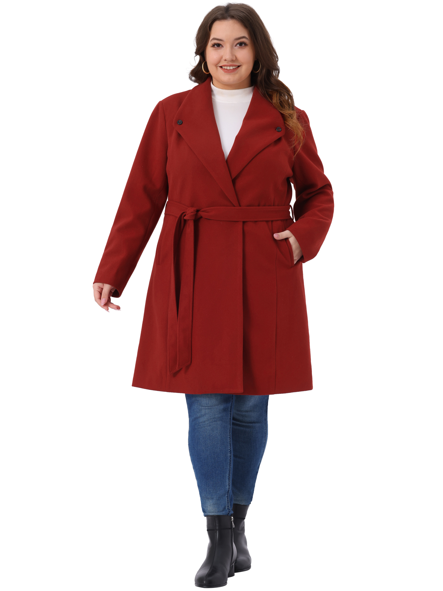 DARING DIVA Women's Plus Size Notched Lapel Coat with Belted Design 1X Dark Red