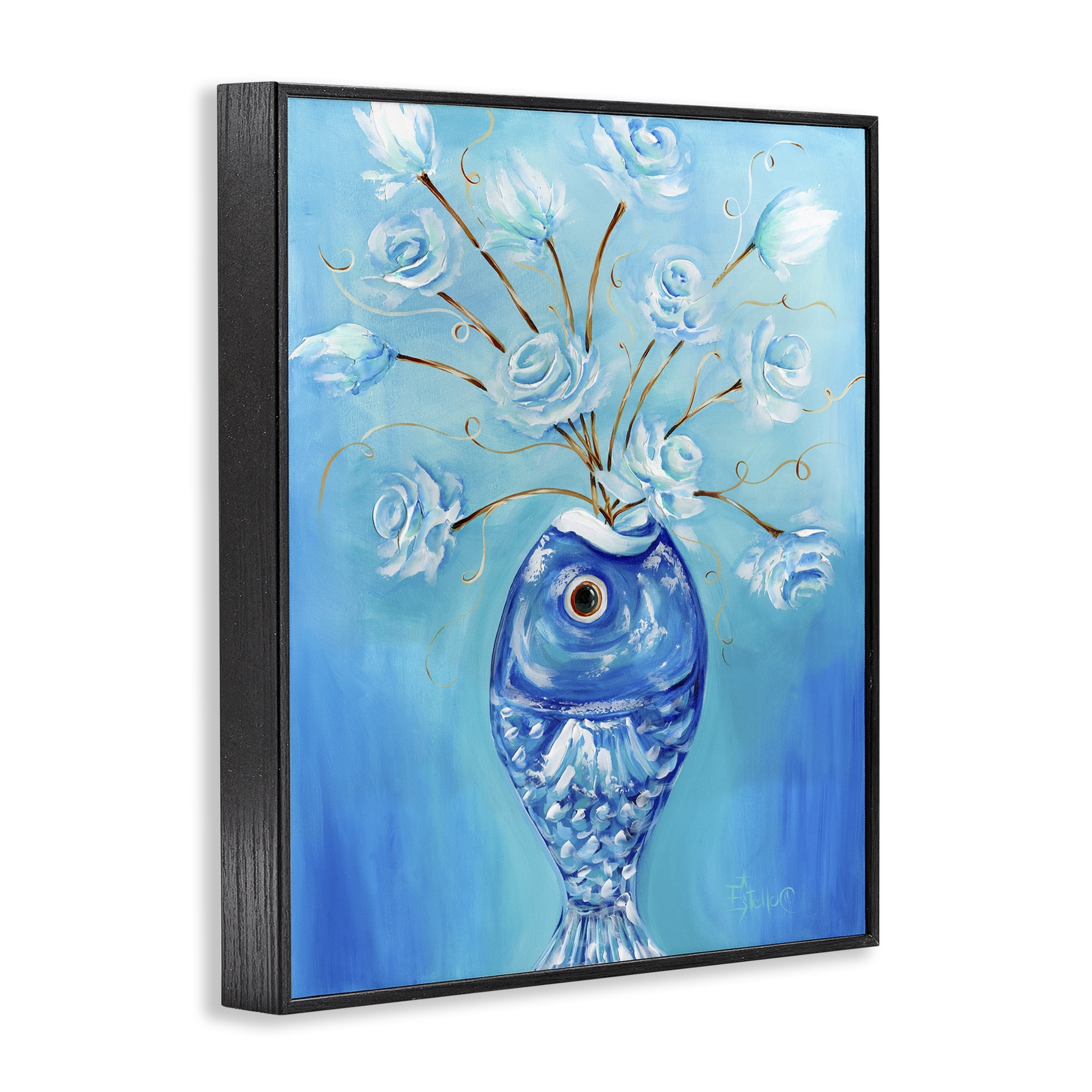Stupell Industries Fish Vase Bouquet Botanical & Floral Painting Black Framed Art Print Wall Art, 16 x 20