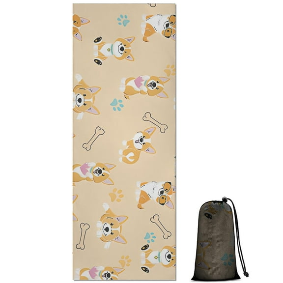 Cartoon Corgi Hot Yoga Mat Towel Non Slip for Hot Yoga - Quick-Drying Yoga Mat Cover with 4 Corner Pockets with Travel Bag - Hot Yoga Towel Non Slip Grip Moisture Wicking Sweat 70"x26"