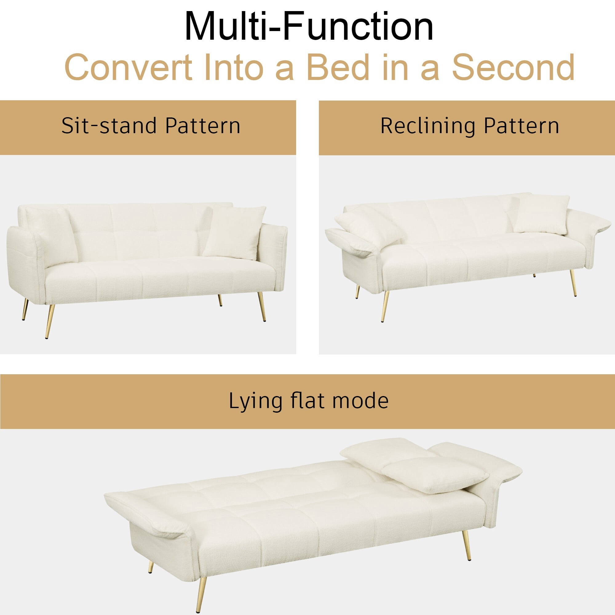 AENKYO 70-in Teddy Velvet Foldable Futon Sofa Bed, 3-in-1 Adjustable Sleeper Couch, Beige