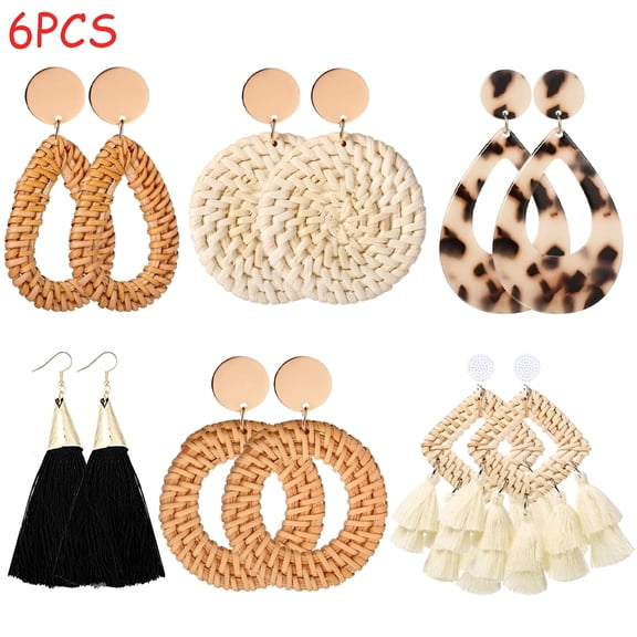 DESIGNICE Pairs Fashion Trendy Jewelry Acrylic Tassel Rattan Statement Earrings Bohemian