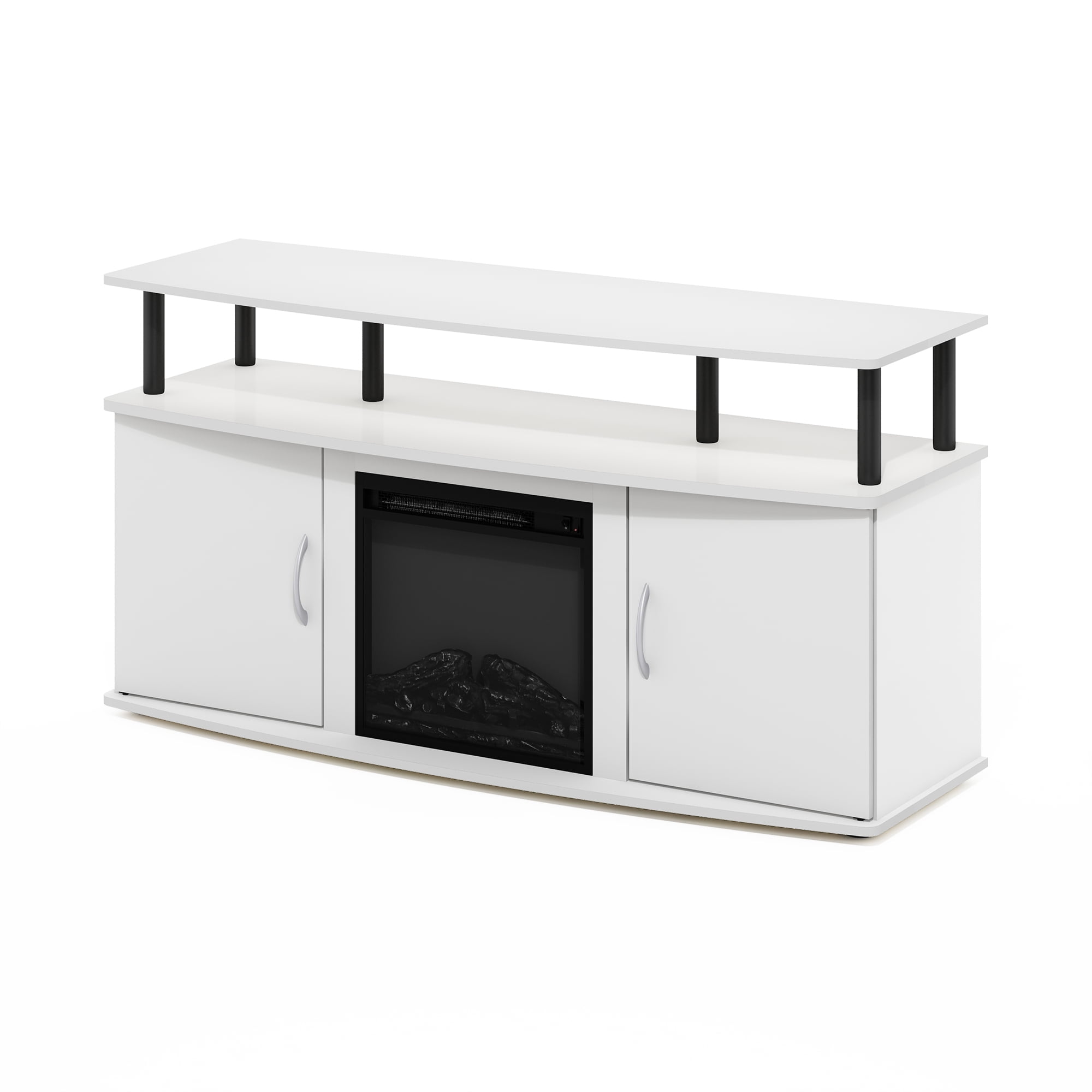 Furinno Jensen Living Room Fireplace Entertainment Center with Doors Storage Cabinet for TV up to 55 Inch, Solid White/Black