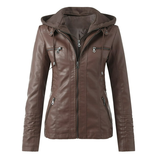 Leather Motorcycle Jacket Womens Slim Leather Stand Collar Zip Motorcycle Suit Belt Coat Jacket Tops
