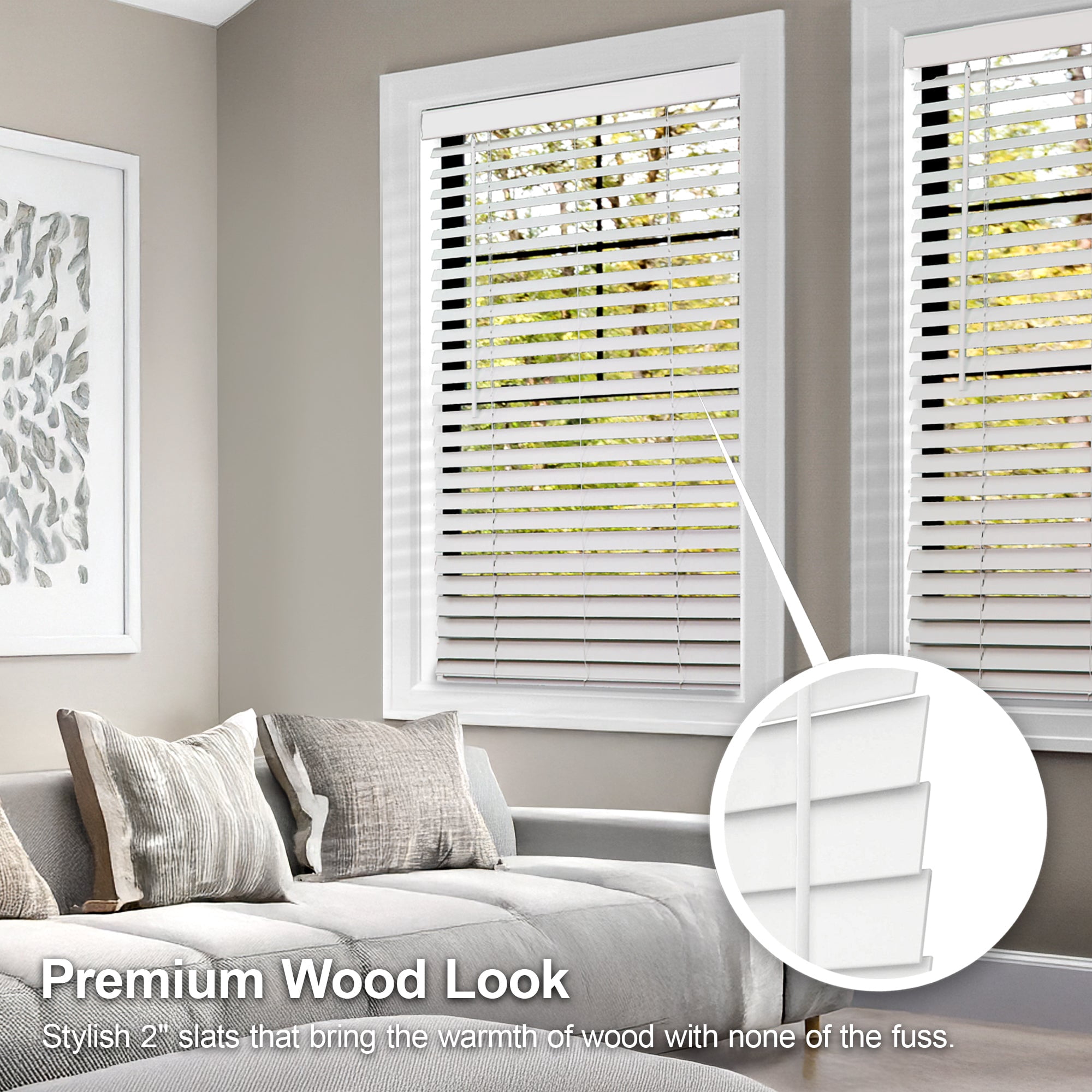 Chicology White Cordless 2” Inch Faux Wood Blinds for Windows with Valance |15.25"W X 72"H| Room Darkening | Light Filtering | Easy Install | Moisture Resistant