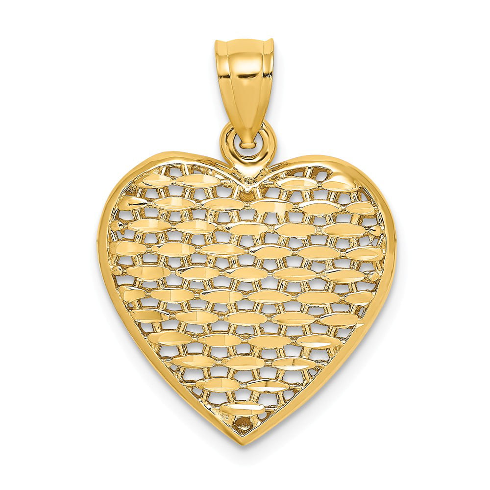 14K Yellow Gold Textured Diamond Cut Heart Puff Charm Pendant