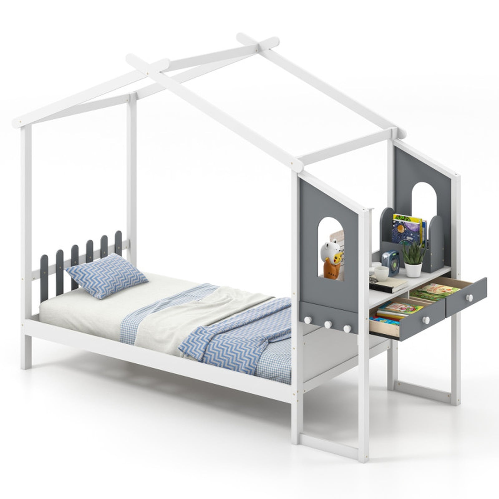Furnibear Full Size Kids House Bed Frame with Roof Canopy Fence and Storage Desk for Kids Bedroom, White and Gray