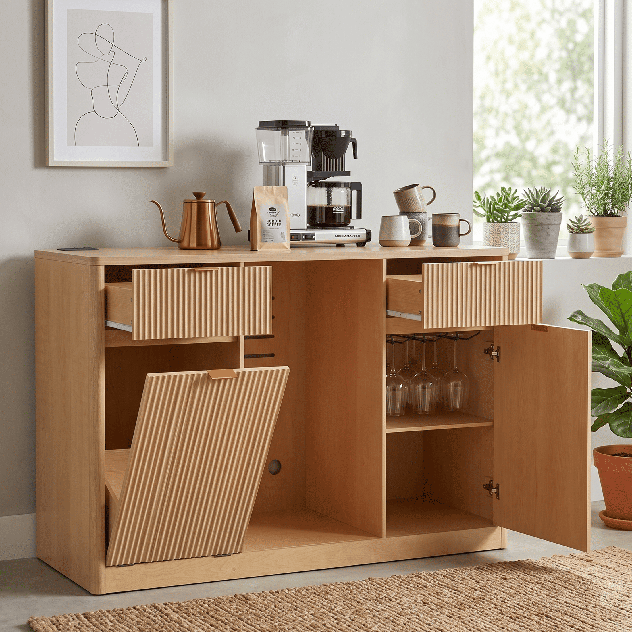 Homy Casa 59-Inch Fluted Kitchen Island with Fridge Space, Trash Cabinet and Power Outlet, Natural Oak