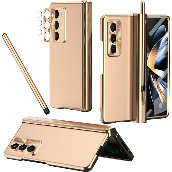 Galaxy Z Fold5 S Pen Case with Hinge Protection & S Pen Holder, Magnetic Case Screen Protector (Gold)