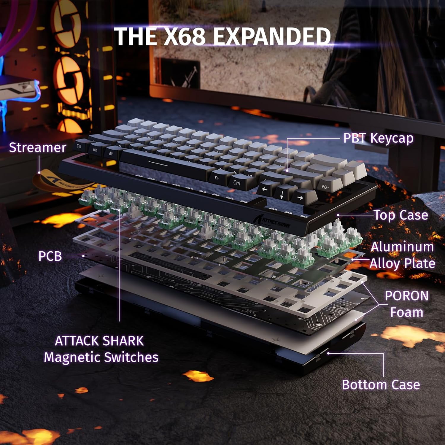 ATTACK SHARK X68 HE Rapid Trigger Keyboard Magnetic Switch with C01PRO Coiled Cable, 60% Wired 8KHz Magnetic Keyboard With 0.01mm RT Accuracy, Support RT/Snap Tap/DKS/MT/TGL