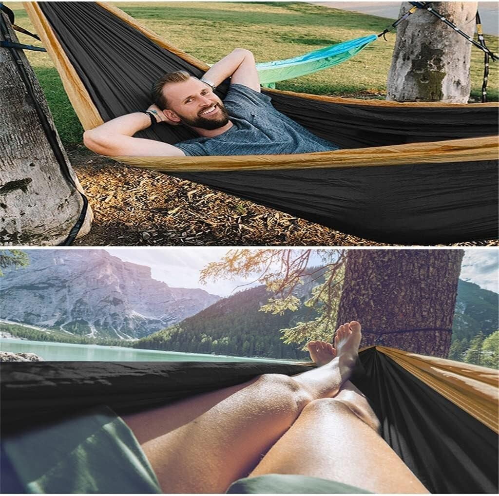 RKXQT Portable Nylon Cloth Double Camping Hammock with Carabiners & Ropes, Lightweight & Breathable