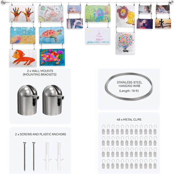 Triani 1Pcs Kids Artwork Display Wall Decor Hanging Photo Display with 48 Clips and 10 ft Wire and 2 Wall Sticker Wall Hanging Room Bedroom Decor