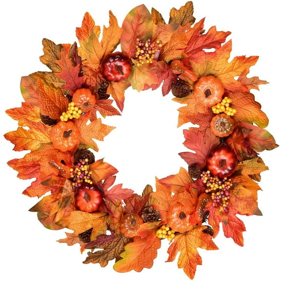 Coolmade 19 Inch Fall Wreath Autumn Maple Leaf Harvest Thanksgiving Door Wreath for Front Door with Pumpkins Pinecone Maple Leaf and Berry