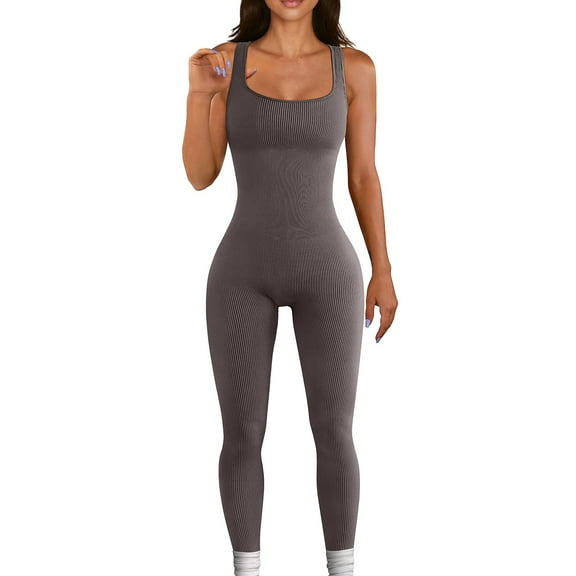 Women Workout Seamless Jumpsuit Yoga Ribbed Bodycon One Piece Spaghetti Strap Leggings Romper