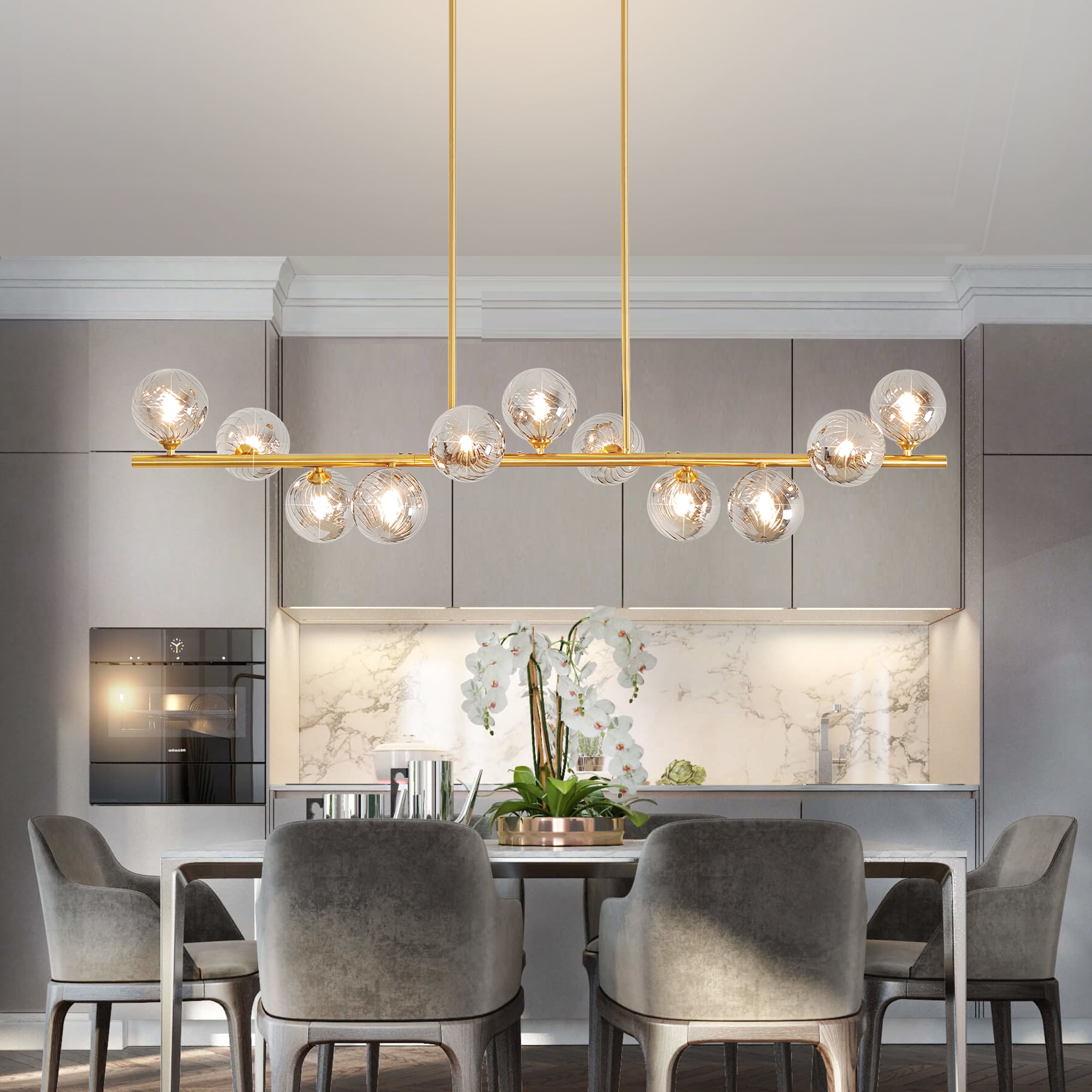 Auffel Dining Room Light Fixtures over Table With Gray Globe 51 Inch,Gold Linear Chandeliers for Dining Room 11 Lights Globe Chandelier for Kitchen Island Swirled Lampshade