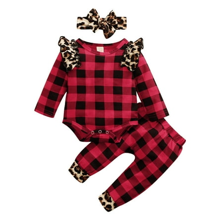 

Dadaria Onesies for Baby 3M-18M Infant Baby Boys Girls Plaid Leopard Romper Bodysuit+Pants+Headbands Outfits Red 70 Baby