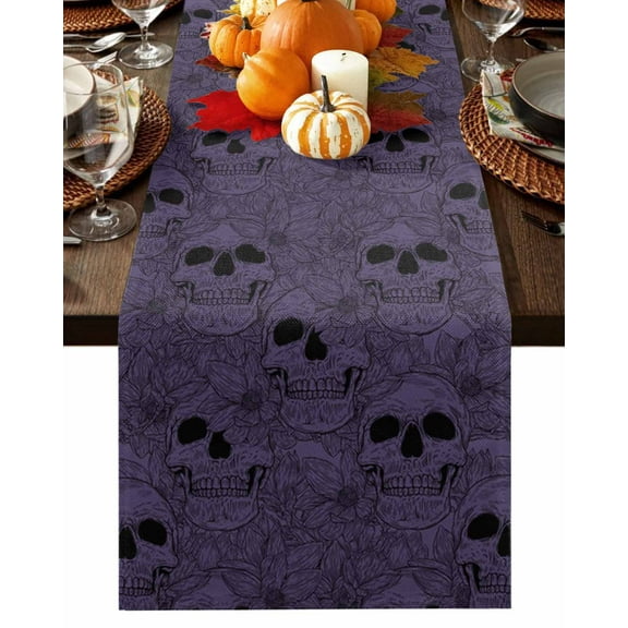 Halloween Purple Table Runner-Cotton Linen- 70 Inch Holiday Dresser Scarves, Minimalist Skeletons Flowers Tablerunner for Kitchen Coffee/Dining Bedroom Home Living Room Dinner Scarf Décor 13x70