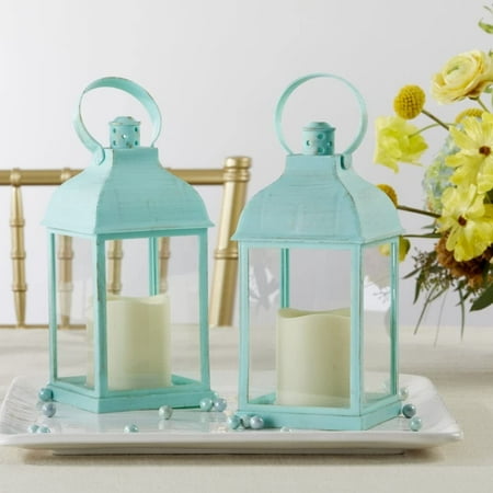 LED Decorative Lanterns - Set of 4 - Kate Aspen Vintage Rustic Home Décor Lantern Tabel Centerpiece for Wedding, Bridal Shower, Anniversary Party - Blue Marrakesh