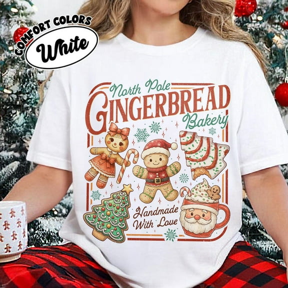 North Pole Gingerbread Bakery Comfort Colors T-Shirt, Handmade with Love Christmas Cookie Tee, Holiday Baking Shirt